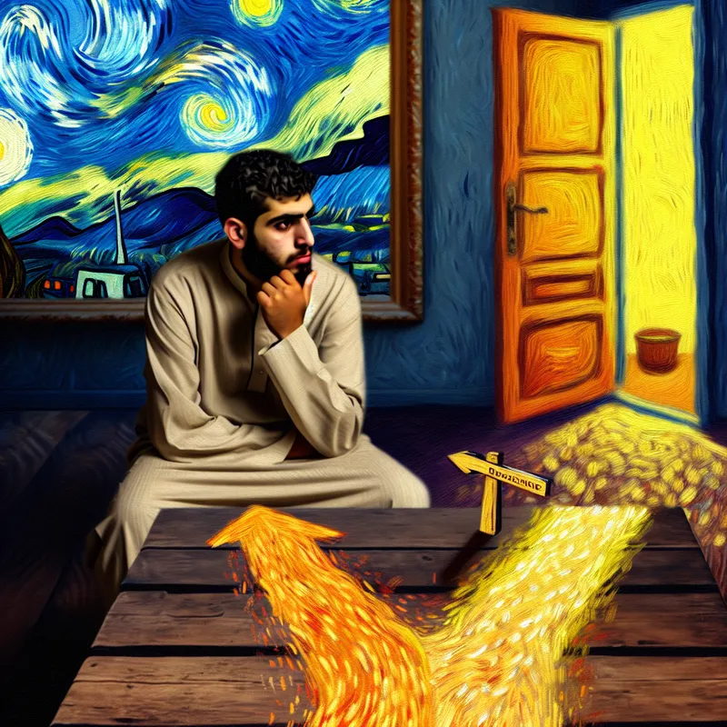 Persoon in Van Gogh-stijl die nadenkt aan een houten tafel met twee keuzepaden: een open deur en een verhuiswagen, onder een sterrenhemel