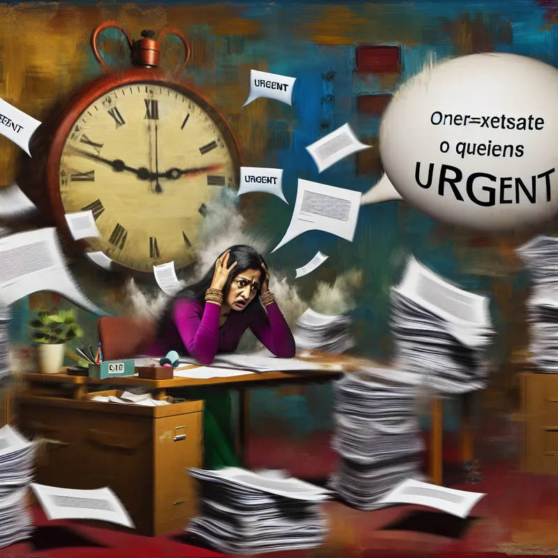 Een persoon zittend aan een rommelig bureau, met vele documenten, die overweldigd lijkt terwijl hij zijn hoofd in zijn handen houdt.