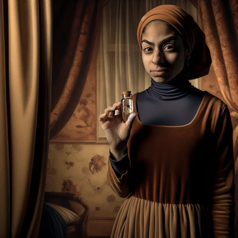 Jonge vrouw houdt een glazen potje met een spin vast, symboliserend het overwinnen van angst in een elegante, rustige setting