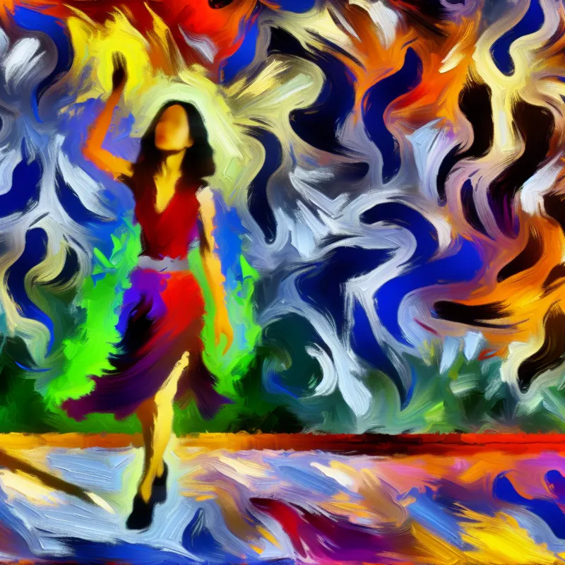 Abstract schilderij van een persoon die angst overwint tijdens spreken in het openbaar, met levendige kleuren en dynamische penseelstreken in de stijl van Karel Appel