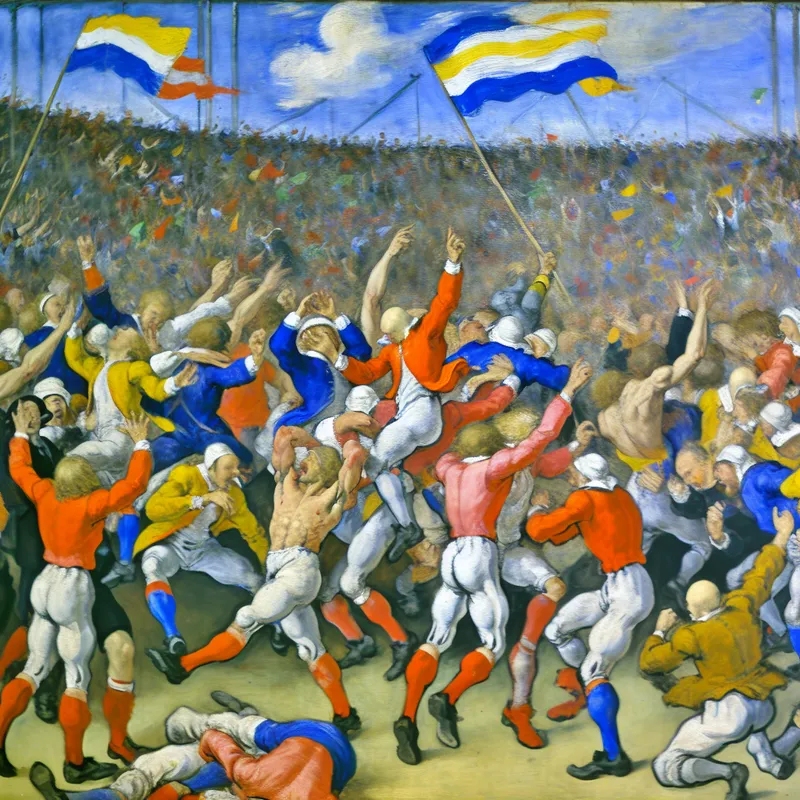 Team viert overwinning tijdens sportcompetitie in een levendig stadion.