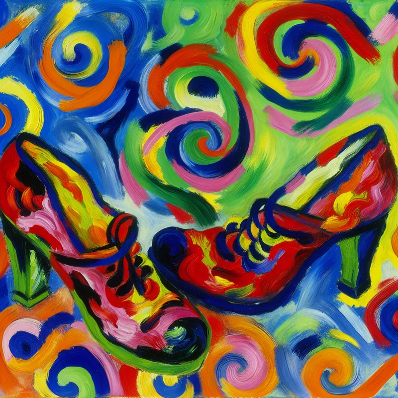 Abstracte expressieve afbeelding van een paar kleurrijke schoenen zij aan zij, met een chaotische achtergrond van felle kleuren en energieke penseelstreken.