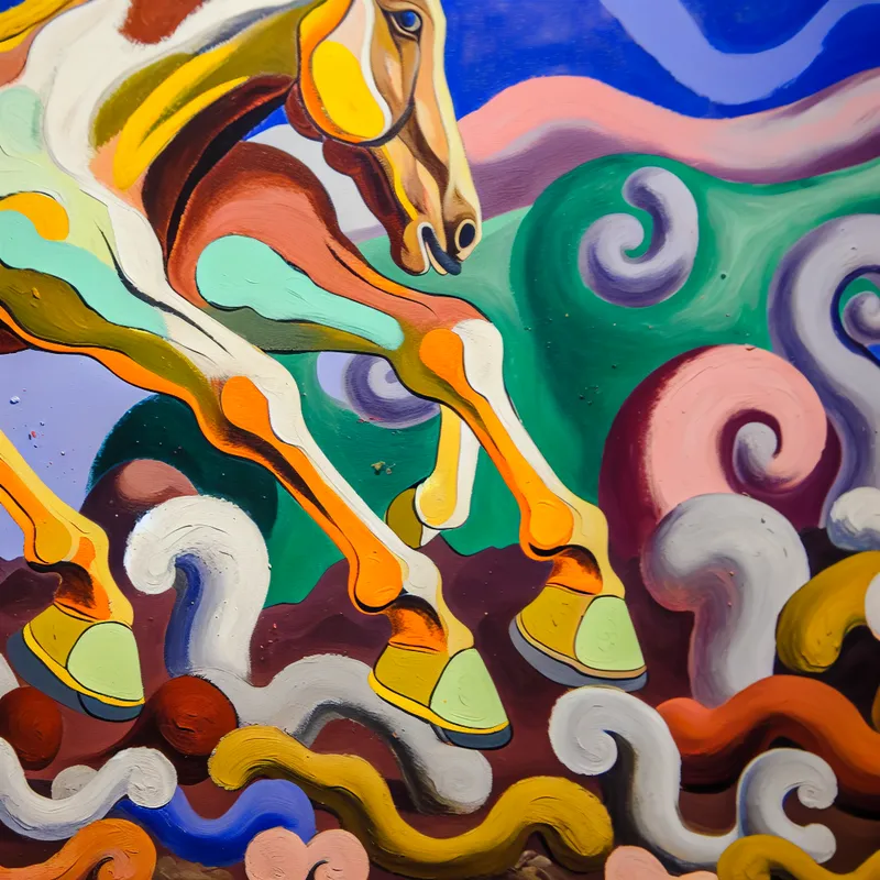 Abstract painting van een paard dat elegant door een ruig landschap beweegt, met de nadruk op zijn stevige hoeven.