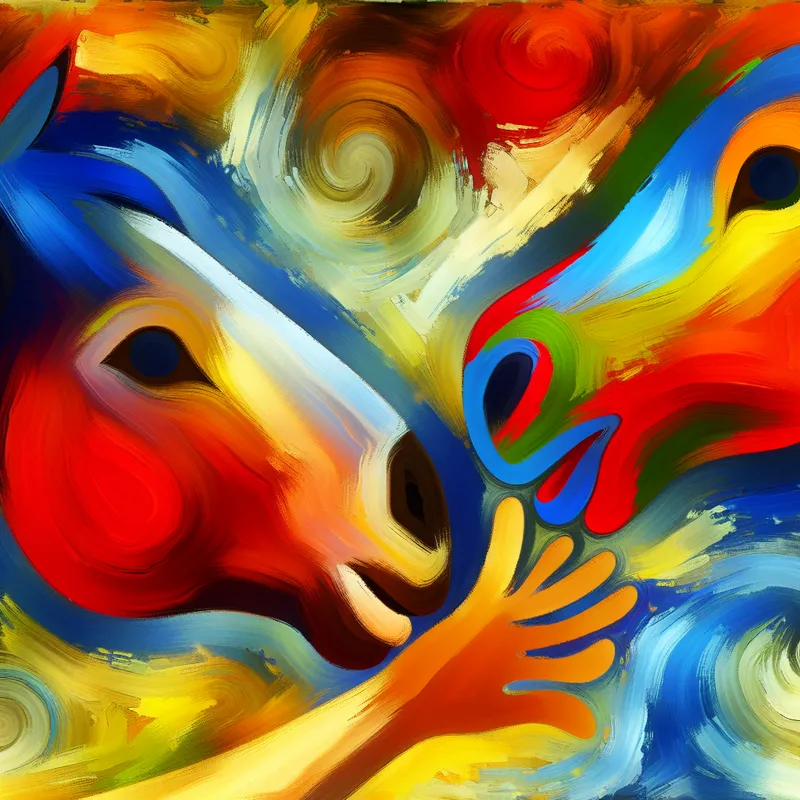 Abstract schilderij van een paardenhoofd dat zachtjes met zijn neus tegen een mensenhand duwt in de expressieve stijl van Karel Appel