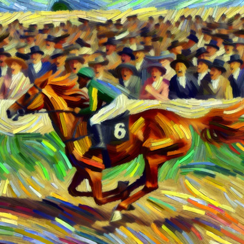 Een paard racet over de renbaan met wapperende manen en staart, omgeven door een opgewonden menigte en heldere lucht