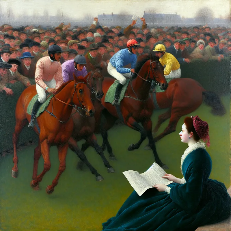 Een jonge vrouw houdt een wedbriefje vast en kijkt verwachtingsvol naar een paardenrace met juichende toeschouwers.