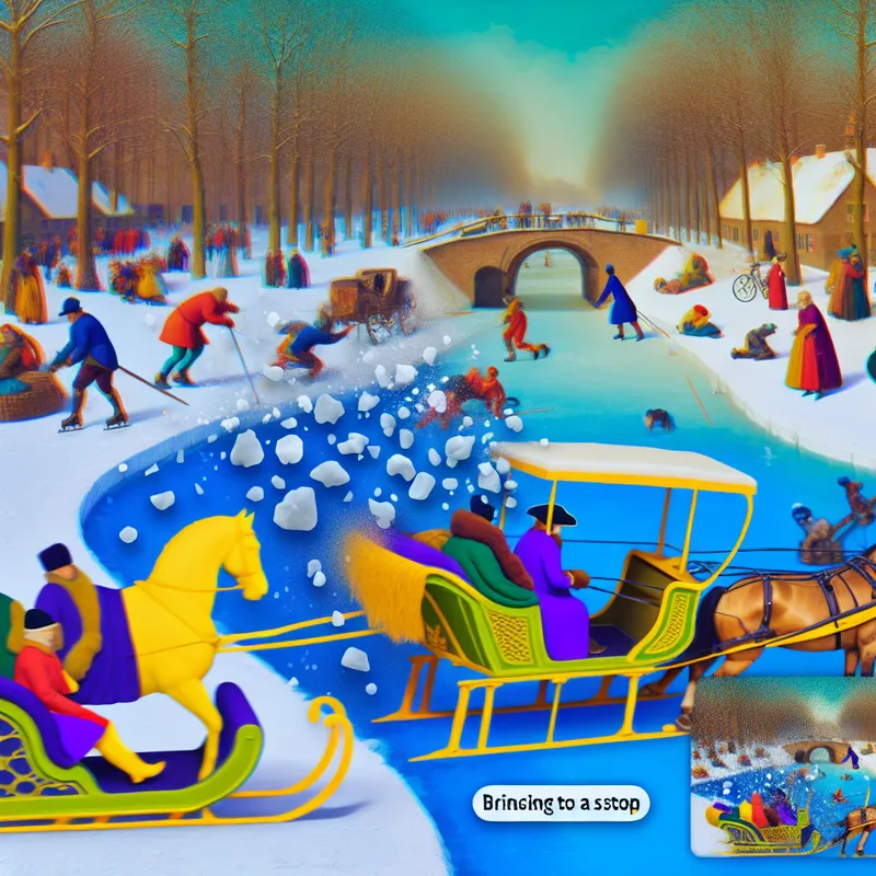 Historische wintertafereel met paardenslee die abrupt tot stilstand komt op een bevroren kanaal om een gevallen kind te ontwijken