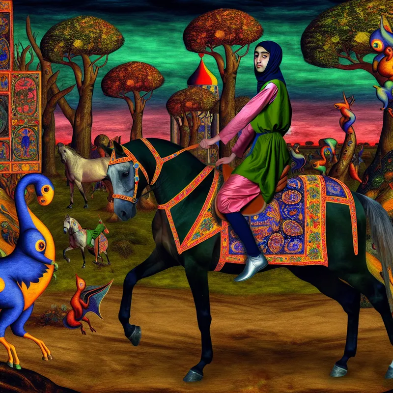 Een jong persoon leert paardrijden op een kleurrijk en fantasierijk paard terwijl bizarre wezens toekijken in een surrealistisch landschap.