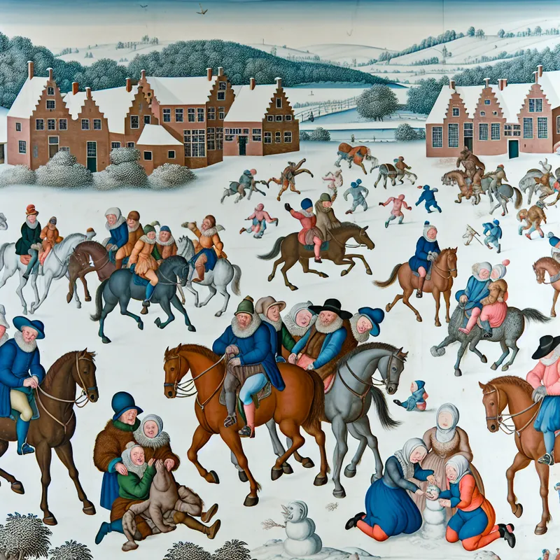 Een levendig winterlandschap met mensen die paardrijden in de sneeuw, omringd door een gezellig dorp en kinderen die een sneeuwman bouwen.