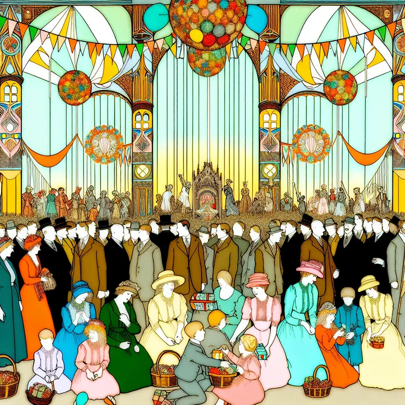 Een levendige scène van een jaarlijks Paasfestival met gezinnen en vrienden die samenkomen en genieten van cadeaus en snoep, omringd door kleurrijke versieringen zoals ballonnen en banners.