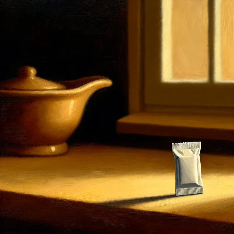 Een klein, verpakt suikerpakje op een houten aanrecht in een licht verwarmde keuken.