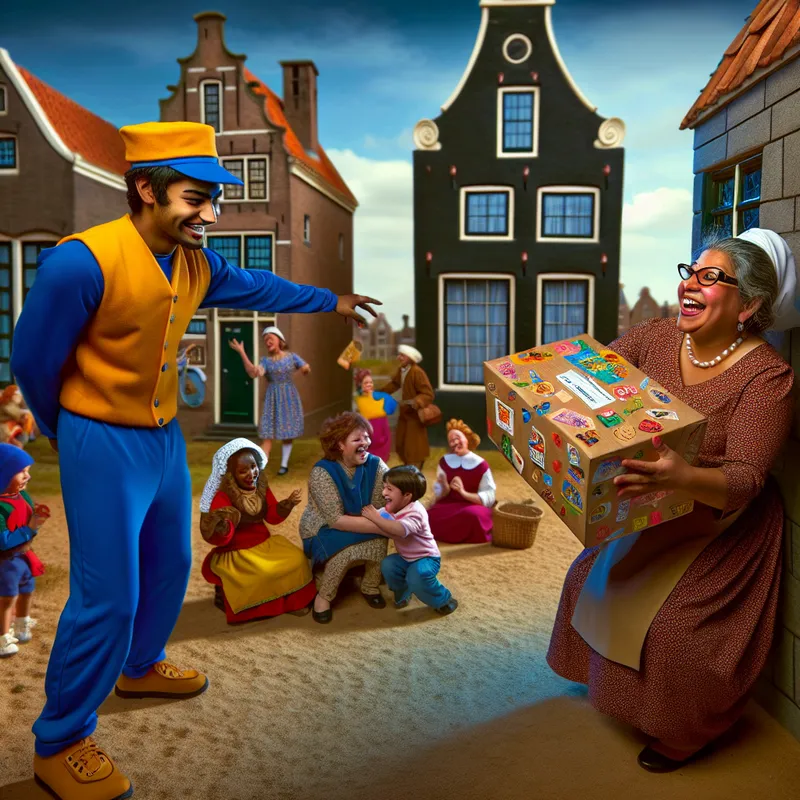 Een levering van een pakket door een blije bezorger aan een opgewonde klant voor een gezellig Nederlands huis.