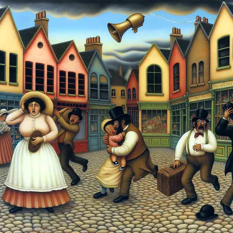 Een druk marktplein met mensen in paniek door een luid alarm, waaronder een moeder met een kind en een verbaasde winkelier.