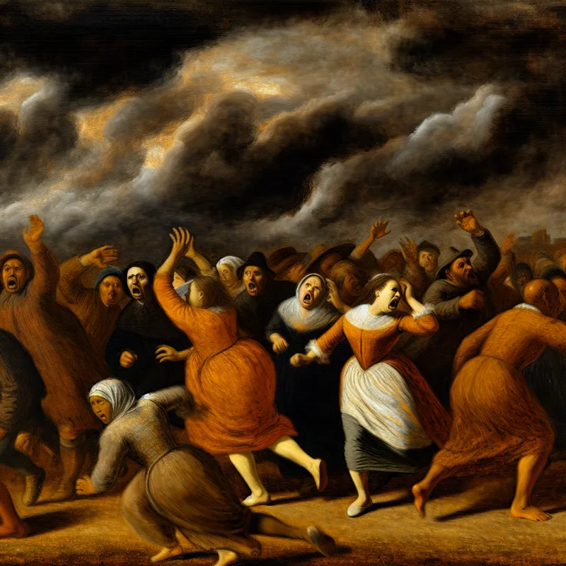 Groep mensen in paniek die wegvluchten voor donkere stormwolken