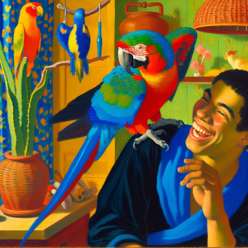 Een kleurrijke papegaai op de schouder van een lachende jongvolwassene in een gezellige woonkamer gevuld met planten en speelgoed voor vogels.