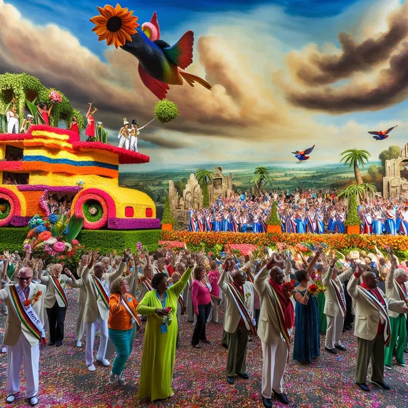 Een majestueus paradebeeld ter viering van de 100ste verjaardag van de stad met kleurrijke wagens, feestende mensen en een dramatische lucht.