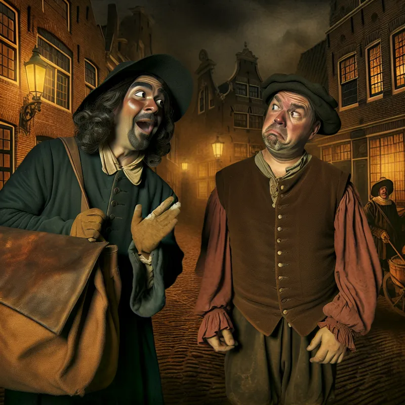 Man in historische kleding vraagt pardon na een toevallige aanstoot in een sfeervolle straat van een oude Nederlandse stad.