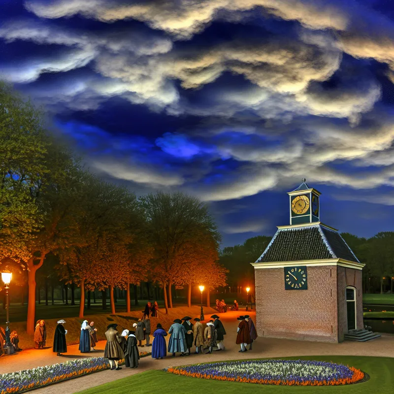 Een schilderachtig landschap van een park bij schemering met een kloktoren die acht uur aangeeft, omgeven door mensen op een bloemenpad.