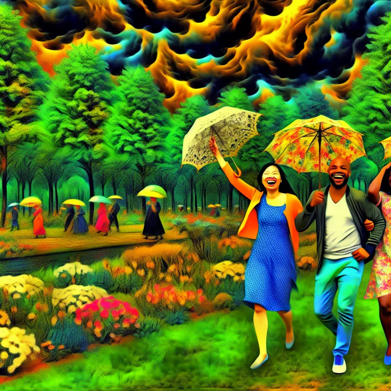 Trio met paraplu's in een park tijdens de regen in de stijl van Jacob van Ruisdael