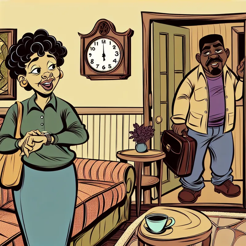 Cartoonachtige scène van een vrouw die geërgerd op haar horloge kijkt terwijl haar partner net thuiskomt van werk, in een gezellige woonkamer met warme details