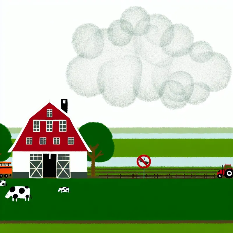 Minimalistische illustratie van een Nederlandse boerderij met stikstofproblematiek en natuurbehoud volgens PAS-beleid