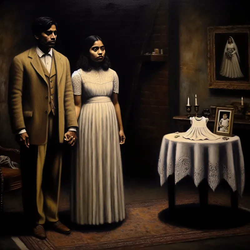 Een pasgetrouwd stel in een sfeervolle kamer, hand in hand staand, met een symbolische ambiance van gezinsvorming.