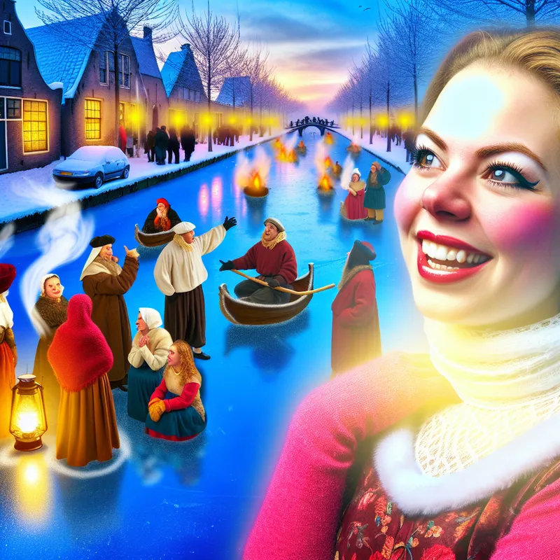 Vrouw met stralende passie en energie in levendige winterse scène op bevroren kanaal, omringd door aandachtige toehoorders en warme details zoals lantaarns en dampende drankjes