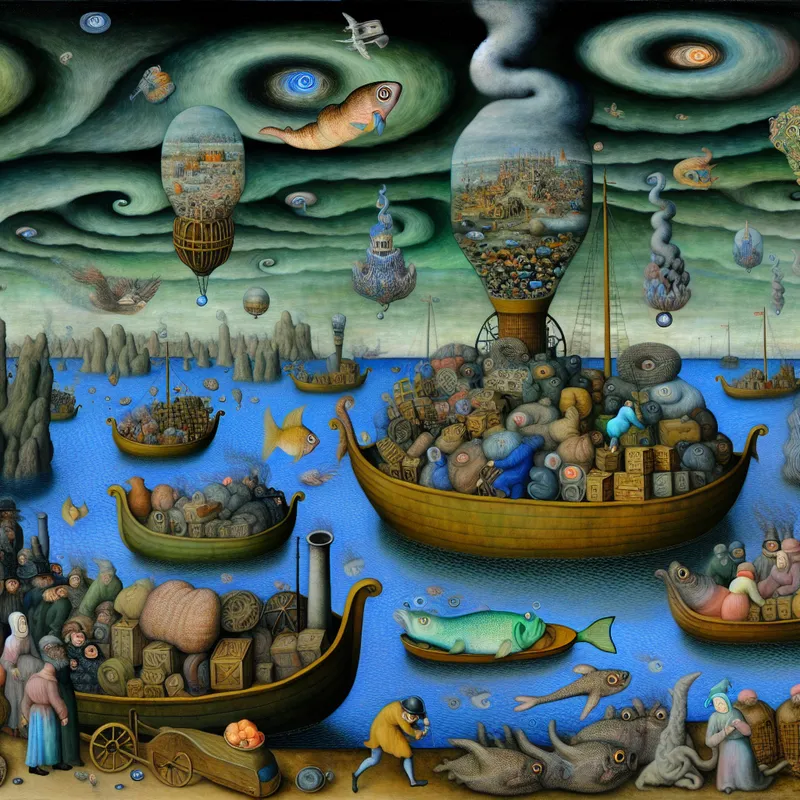 Surrealistisch tafereel van goederen en mensen die passief per boot worden vervoerd over een mysterieuze rivier, geïnspireerd op Hieronymus Bosch