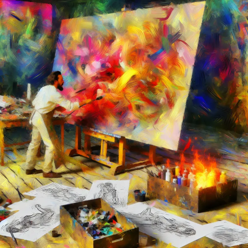 Een jonge kunstenaar werkt gefocust aan een groot canvas in een levendige studio vol kleur.