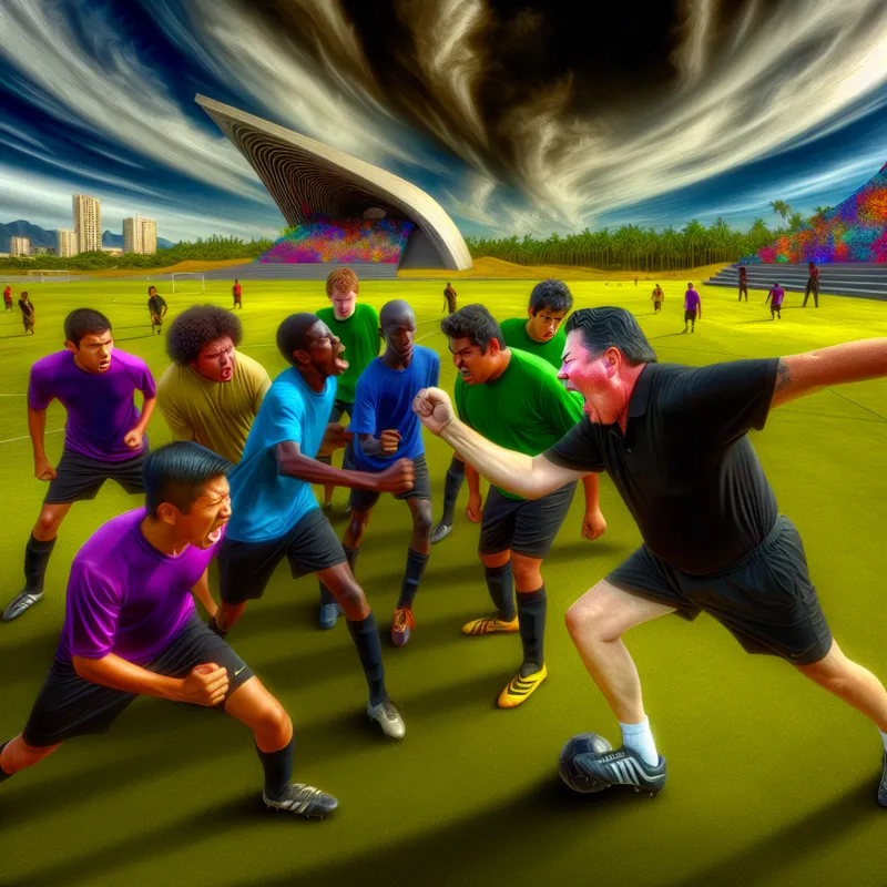 Een middelbare man met intense blik die een complexe voetbaltraining demonstreert aan diverse jonge spelers op een groen veld.