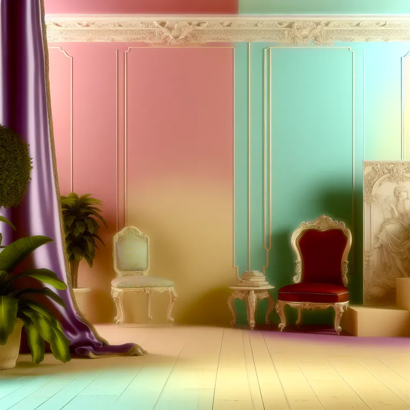 Een elegant interieur met een pastelgekleurde muur, omringd door weelderige planten en luxe Barokmeubilair.