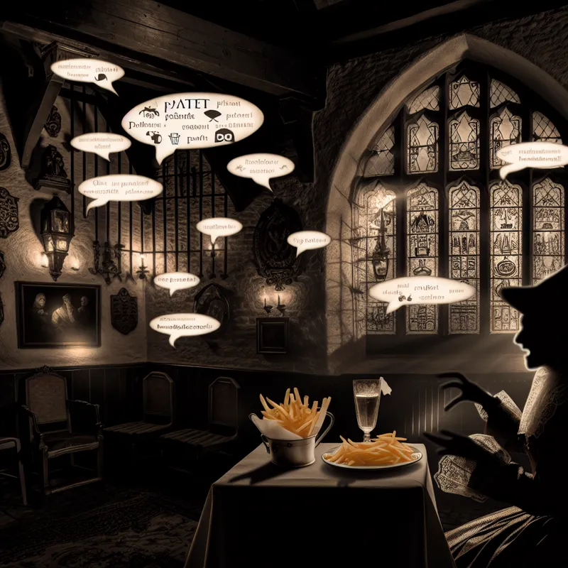 Tafelscène in een rustieke Nederlandse brasserie met twee borden friet, inclusief regionale benamingen 'patat' en 'friet', en een schaduwachtige figuur in traditionele Nederlandse kleding.