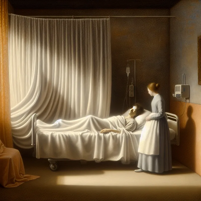 Patient in a hospital room receiving care from a nurse, with soft light and tranquil atmosphere