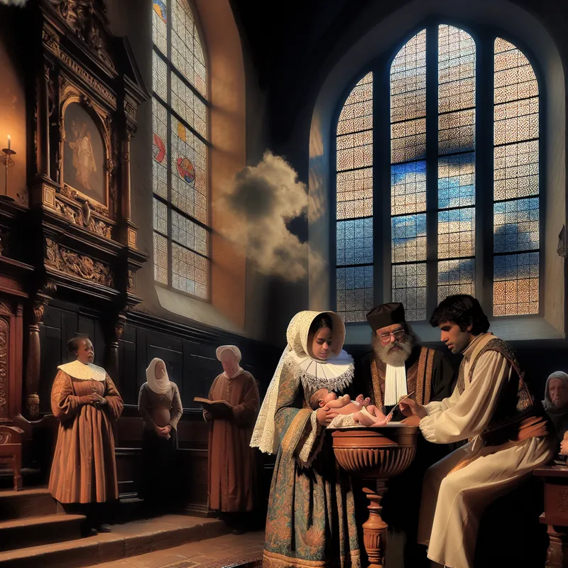 17e-eeuwse Nederlandse kerkinterieur tijdens doopceremonie met peetmoeder die een pasgeboren baby vasthoudt boven doopvont