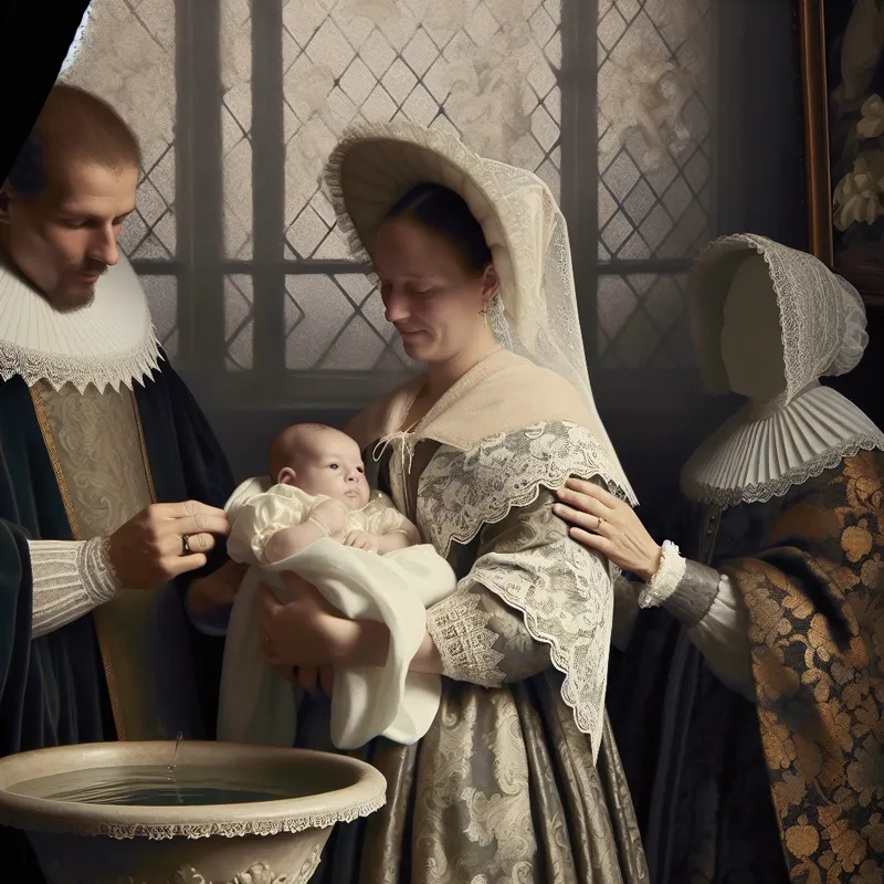 17e-eeuwse doopceremonie met een peettante die haar hand beschermend op de schouder van het kind legt