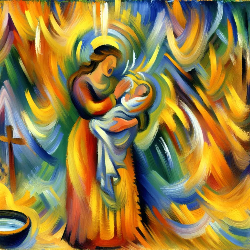 Abstract expressionistisch schilderij van een peettante tijdens een doopselceremonie, met warme kleuren en dynamische penseelstreken