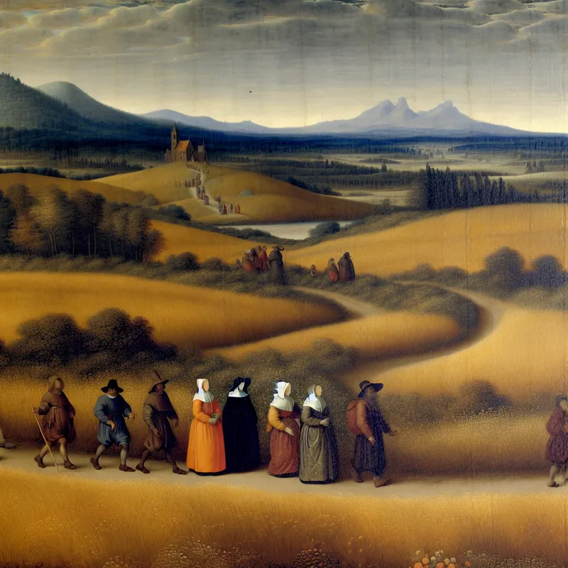 Groep pelgrims wandelt door een serene landschap in de stijl van Johannes Vermeer, met zachte verlichting en weidse natuur