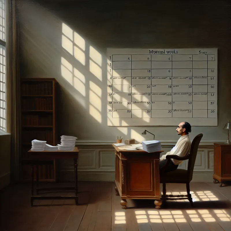 Een persoon zit pensief aan een bureau in een sfeervol kantoor, omringd door papieren en een kalender.