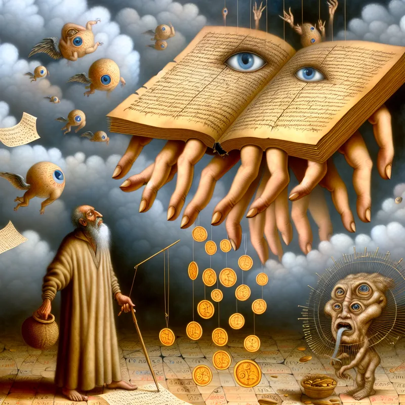 Surrealistische voorstelling van een bureaucratische nachtmerrie waarbij een oudere man zijn pensioengeld ziet verdwijnen door onzichtbare aftrekposten, in de stijl van Jheronimus Bosch