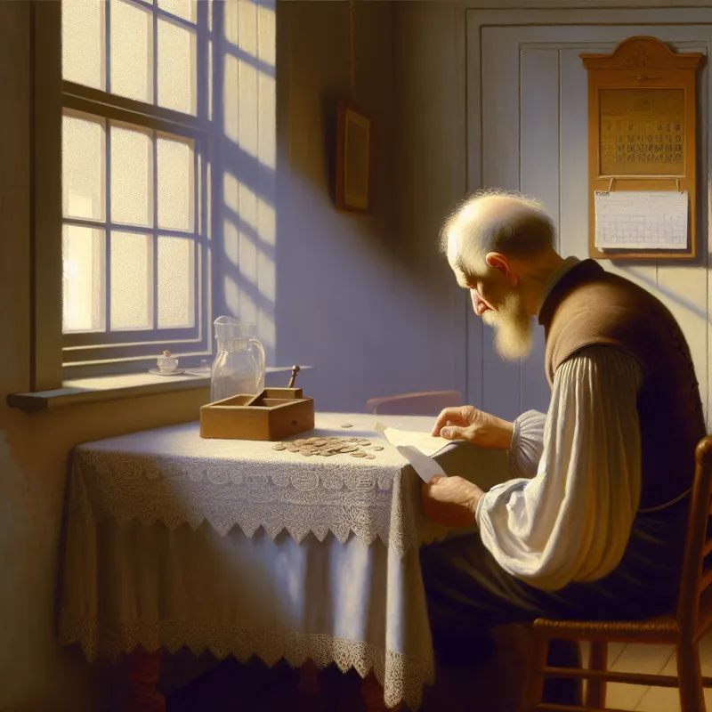 Oudere man in zonnige kamer telt pensioengeld of leest brief over uitkering, serene sfeer met zacht licht