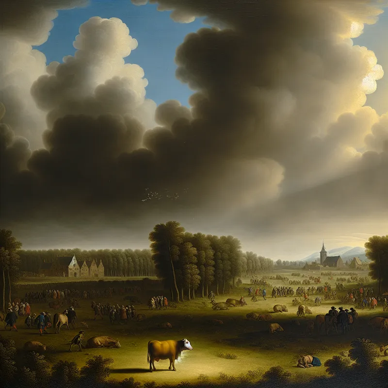 17e-eeuws Nederlands landschap met eenzame koe in de voorgrond, symboliserend 'per hoofd' of per individu, met een levendige markt op de achtergrond