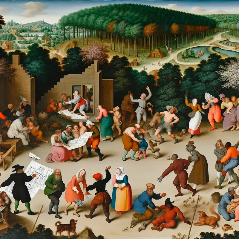 Een groep mensen die plannen bespreekt voor een huis op een perceel grond, met kinderen die spelen en een ouder echtpaar op een bankje geniet van de natuur.