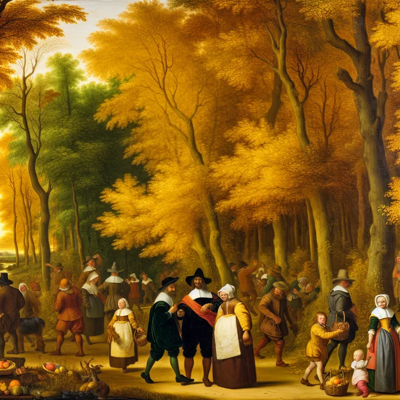 17e-eeuwse Nederlandse herfstscène met vrolijke groep mensen die genieten van een perfecte boswandeling in gouden herfstkleuren