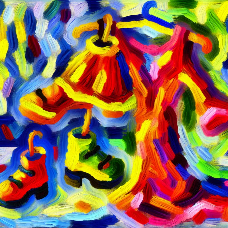 Abstract schilderij van een perfect passend paar felgekleurde schoenen en een jurk in de expressieve stijl van Karel Appel, met dynamische penseelstreken en levendige kleuren