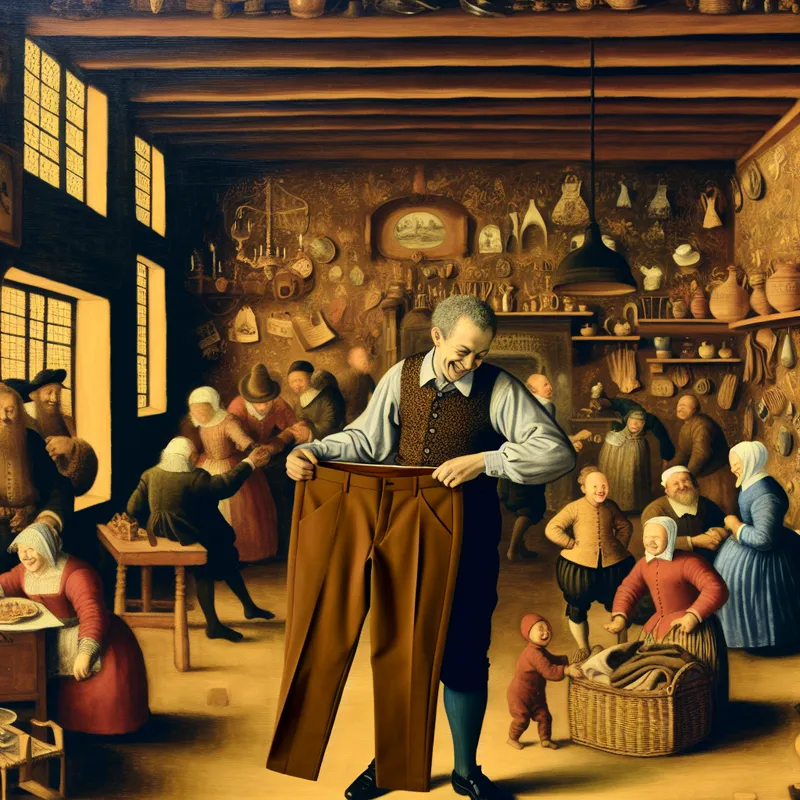 Druk Nederlands huishouden in de stijl van Jan Steen waar een persoon een perfect passende broek aanpast zonder openingen of ruimtes
