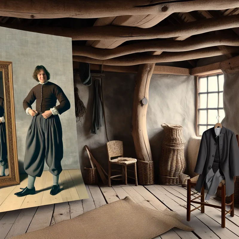 Persoon bewondert perfect passende broek in spiegel met Nederlandse landschapschilderkunst-stijl achtergrond