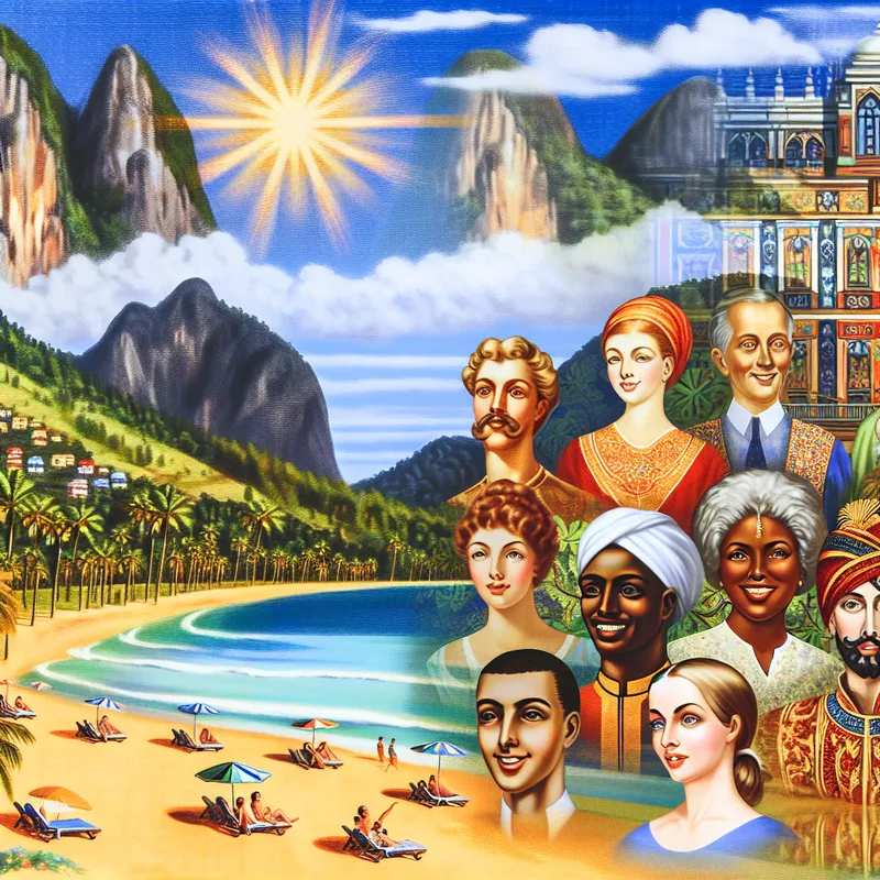 Een idyllisch vakantieoord met een zonovergoten strand, helder water, groene bergen en blije mensen die ontspannen op het zand liggen.