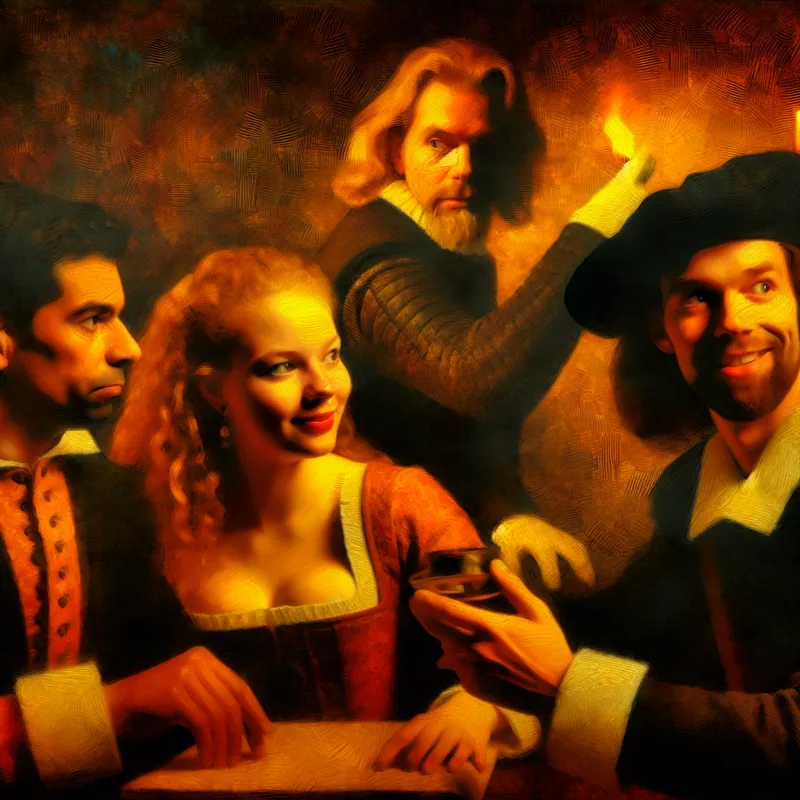 Drie levendige personages uit een verhaal: een moedige detective, een sluwe informant en een mysterieuze bondgenoot in een 17e-eeuwse Nederlandse setting, geschilderd in de stijl van Frans Hals