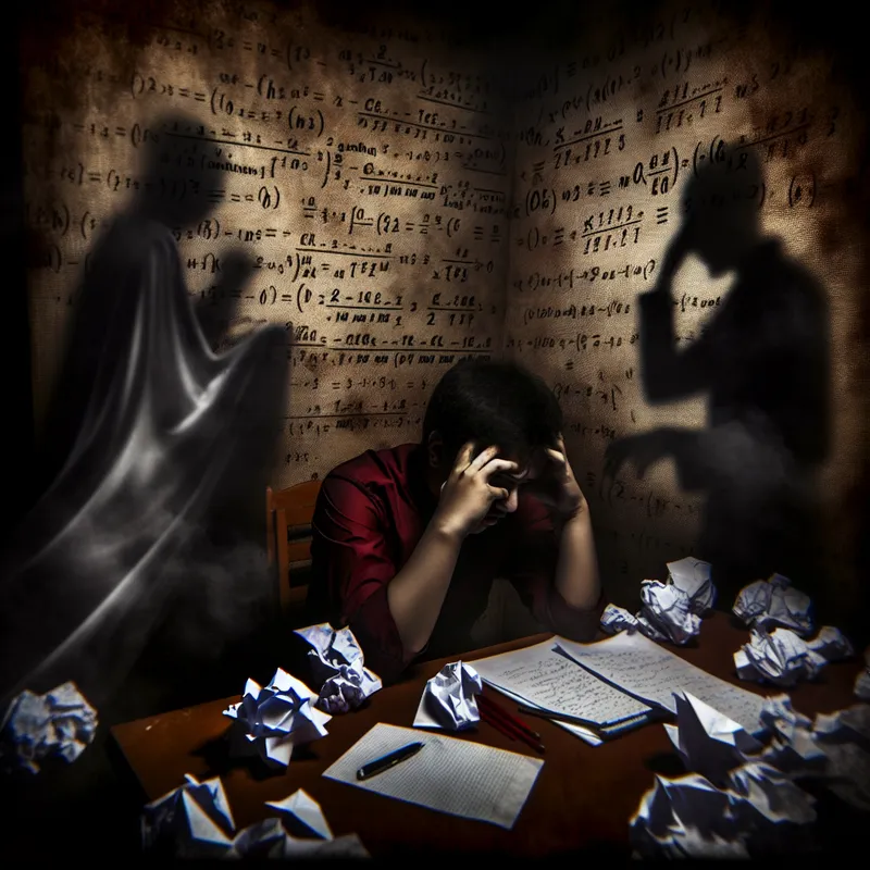 De precieze afbeelding toont een persoon die gefrustreerd aan een rommelig bureau zit, omringd door gekreukte papieren en wiskundige formules, wat de worsteling met fouten illustreert.