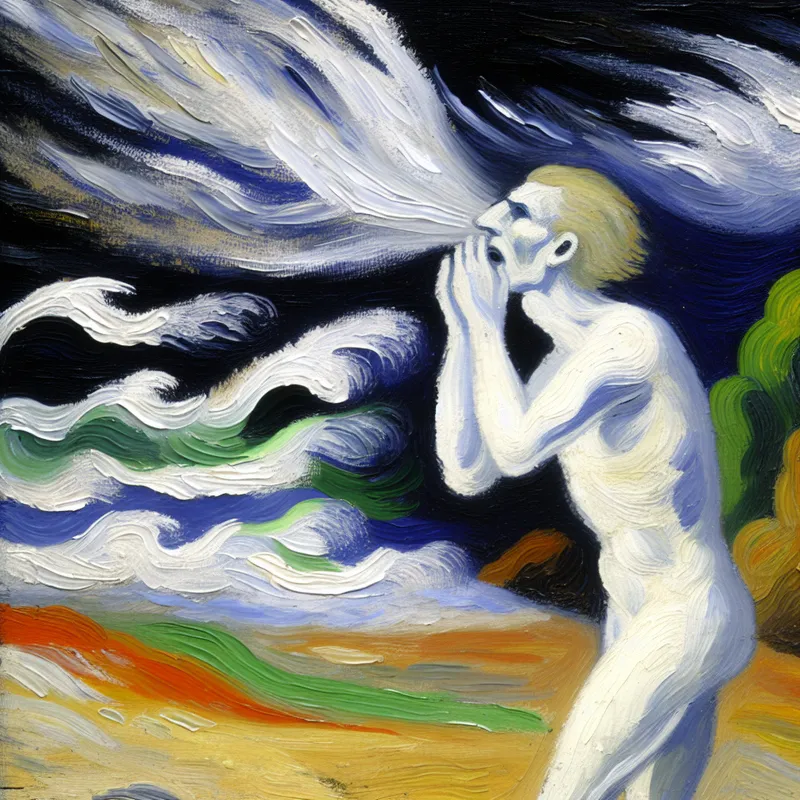 Abstract expressionist schilderij van een persoon die aan de kust staat en de geur van de zee inademt